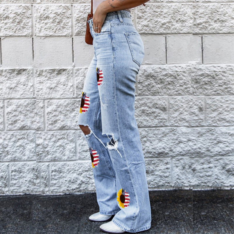 Women 4th of July Ripped Straight Jeans
