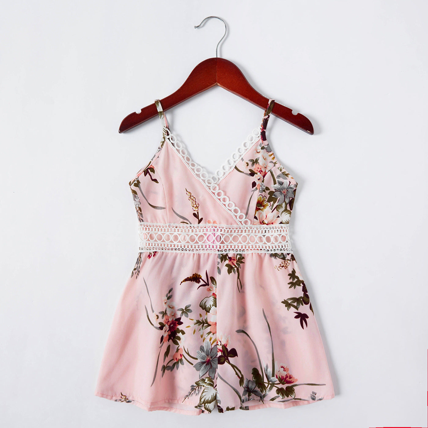 Allover Floral Print Pink Lace V Neck Sleeveless Spaghetti Strap Romper for Mom and Me