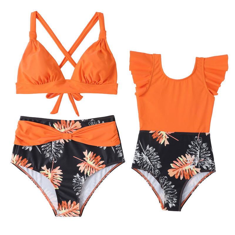 Mom and Daughter Tropical Print High Waisted Matching Swimsuit