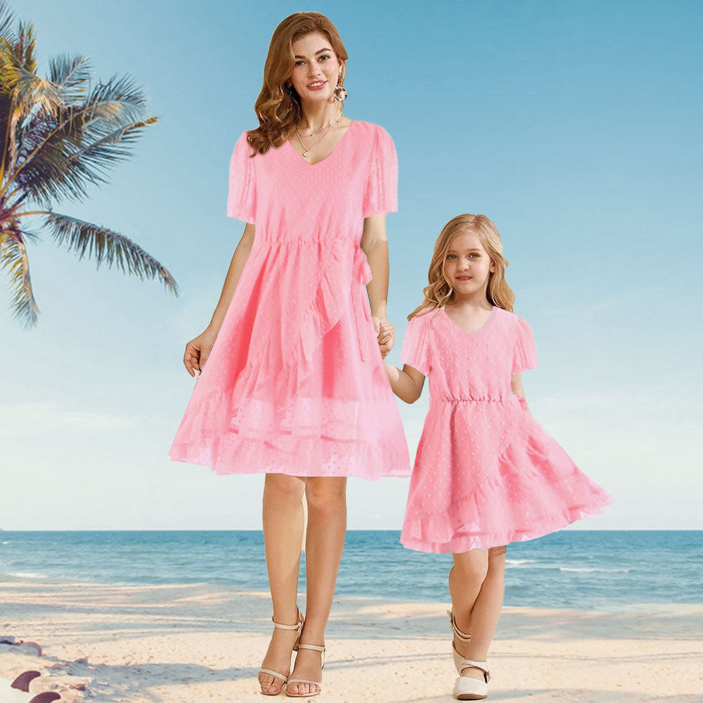 All Over Polka Dots Brick Pink Ruffle-sleeve Dress for Mom and Me