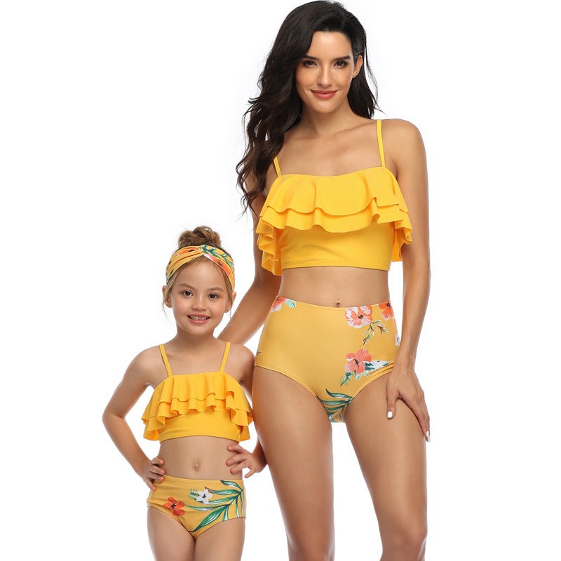 Mom and Daughter Floral Print Hem Bikini Swimsuit