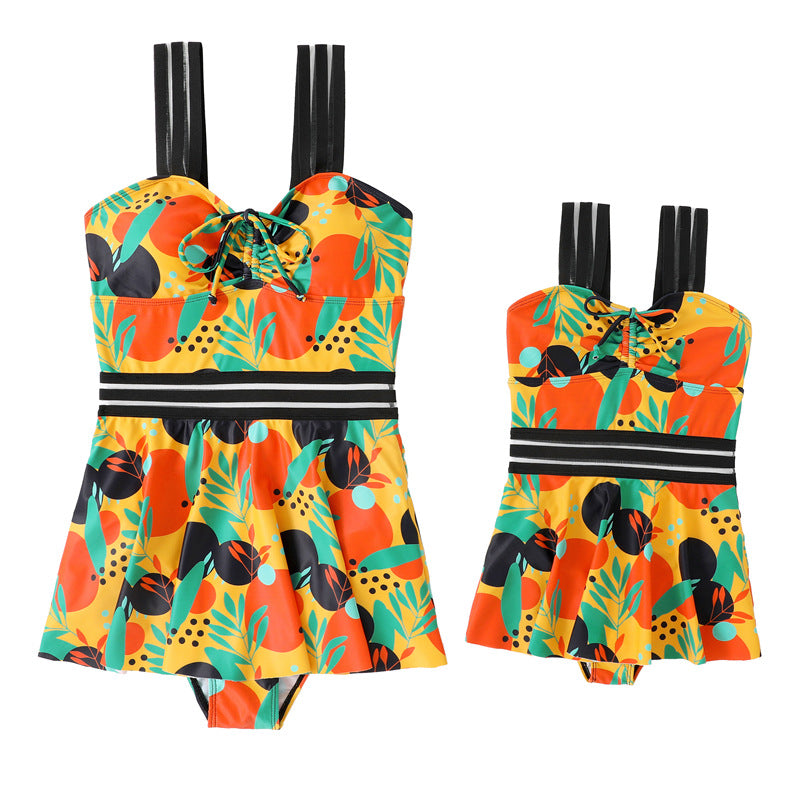 Mom and Daughter Allover Print Tape Contrast Mesh One Piece Swimsuit