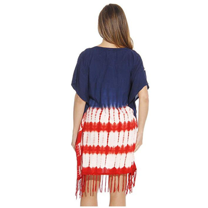 Women 4th Of July American Flag Print Tassel Cover Up