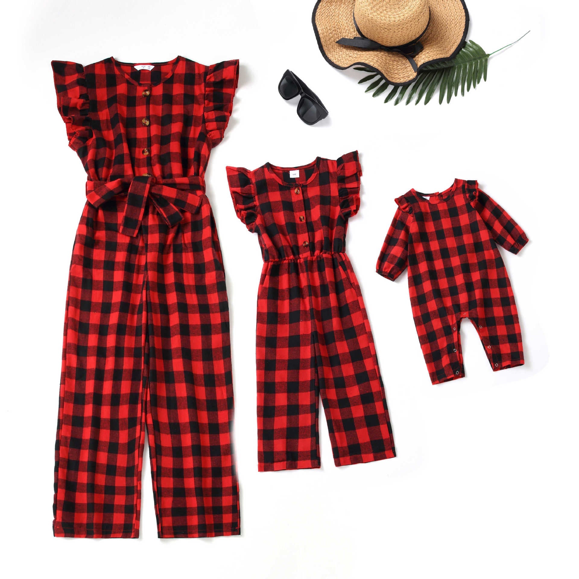 Red Plaid Ruffle Belted Jumpsuit for Mom and Me