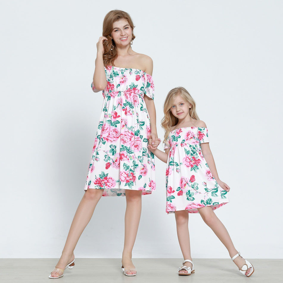 Floral Print Off Shoulder Dress for Mommy and Girl