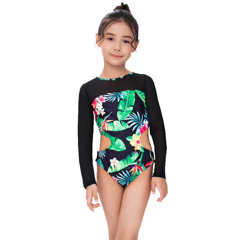 Mom and Daughter Matching Swimsuits Tropical Print Long Sleeve One Piece Swimsuit