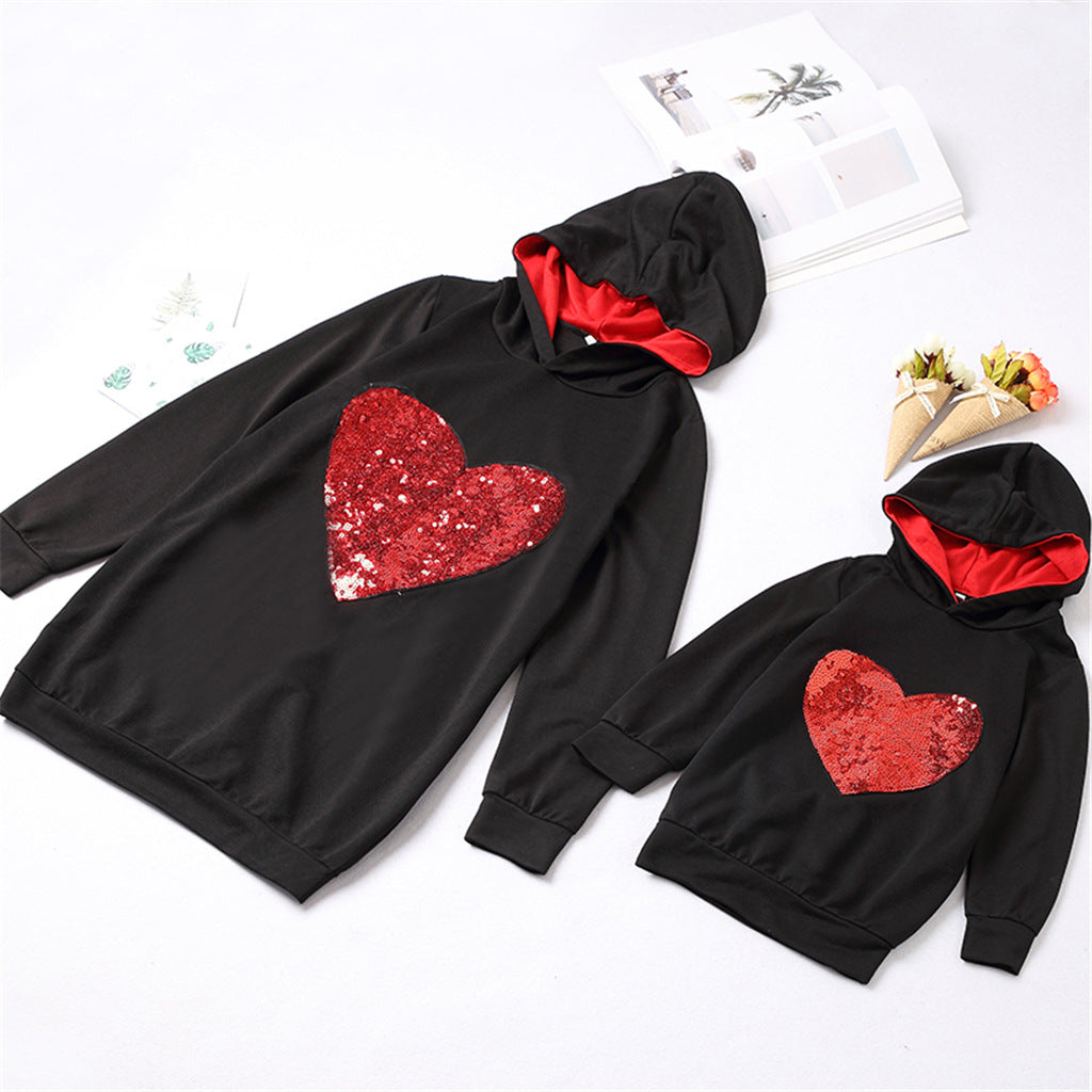 Sequins Love Heart Print Long-sleeve Hoodie Dress for Mom and Me