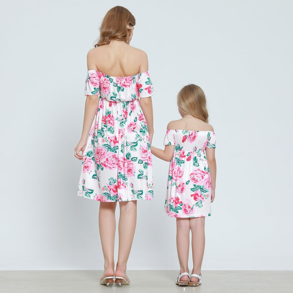 Floral Print Off Shoulder Dress for Mommy and Girl