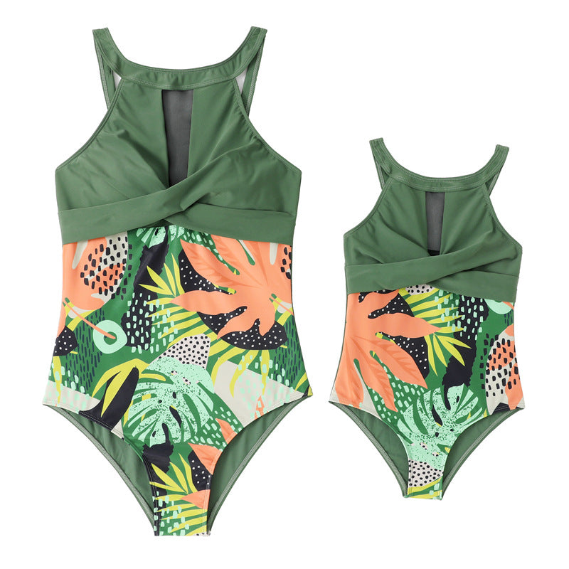 Mom and Daughter Plant Print One Piece Swimsuit