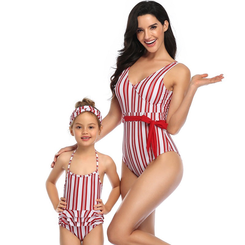 Mom and Daughter Striped Ruched One Piece Swimsuit