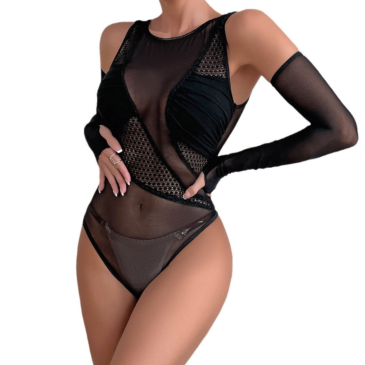 Irregular Design Lace Hollow Sheer Unique Bodysuit with Artistic Appeal
