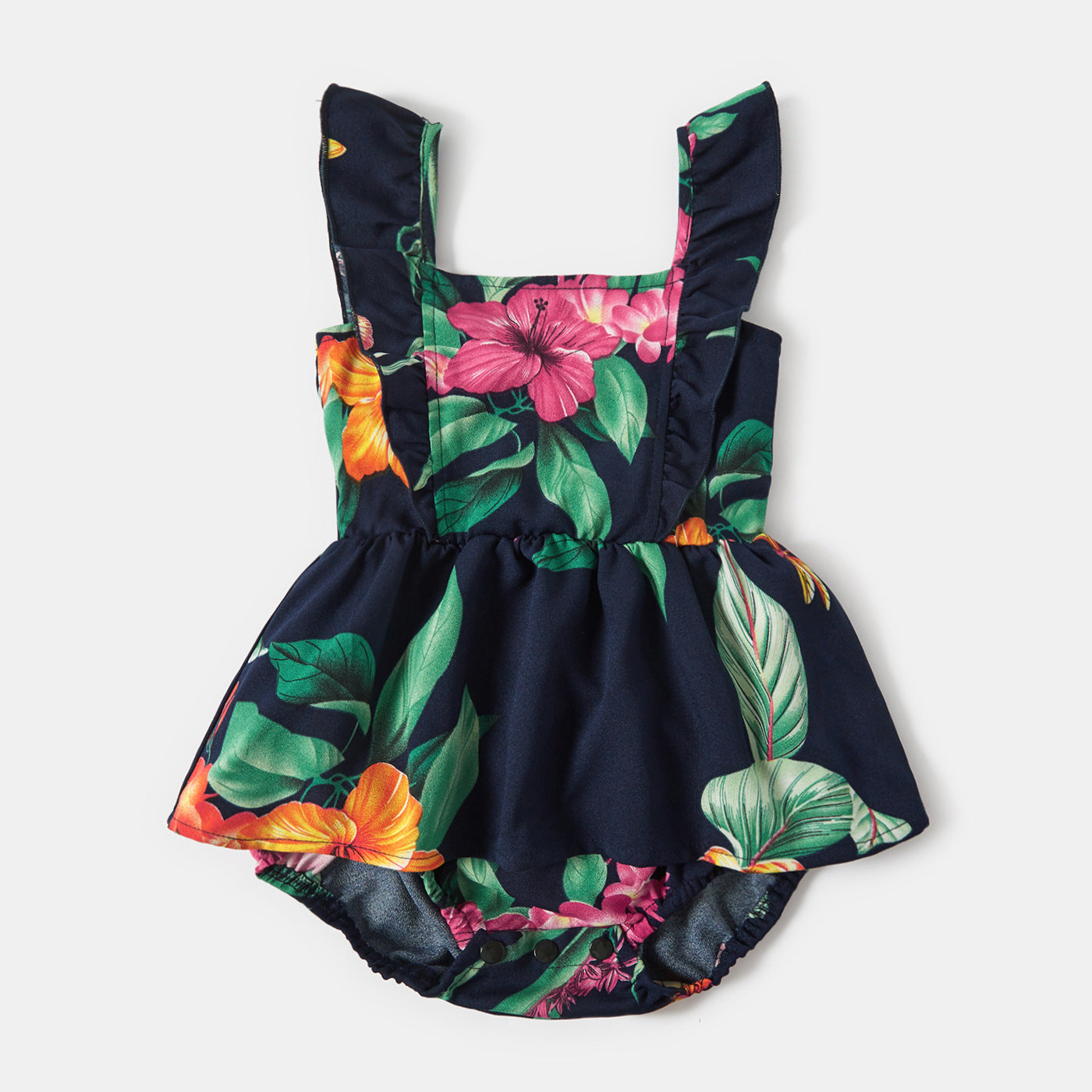Family Matching All Over Floral Print Ruffle Deep V Neck Sleeveless Dresses and T-shirts Sets