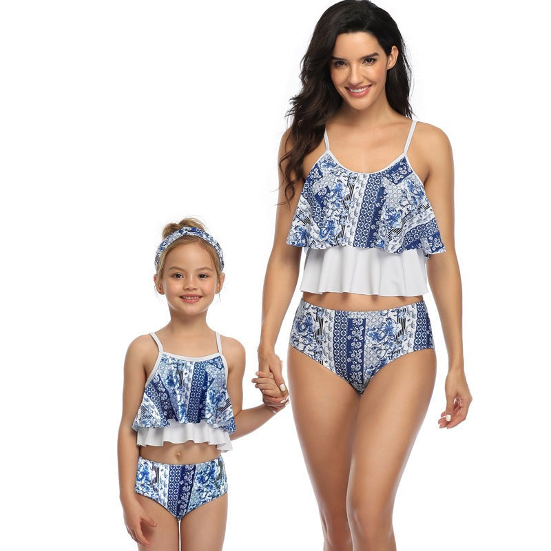 Mom and Daughter Tiered Layer High Waisted Bikini Swimsuit
