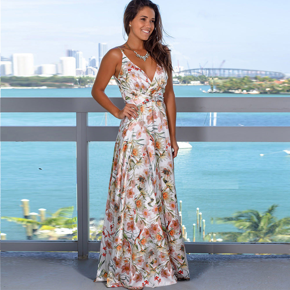 Plunging Neck Floral & Tropical Maxi Dress