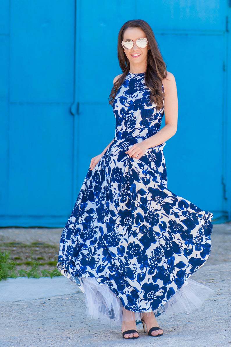 Blue Floral Print Dress For Mommy and me