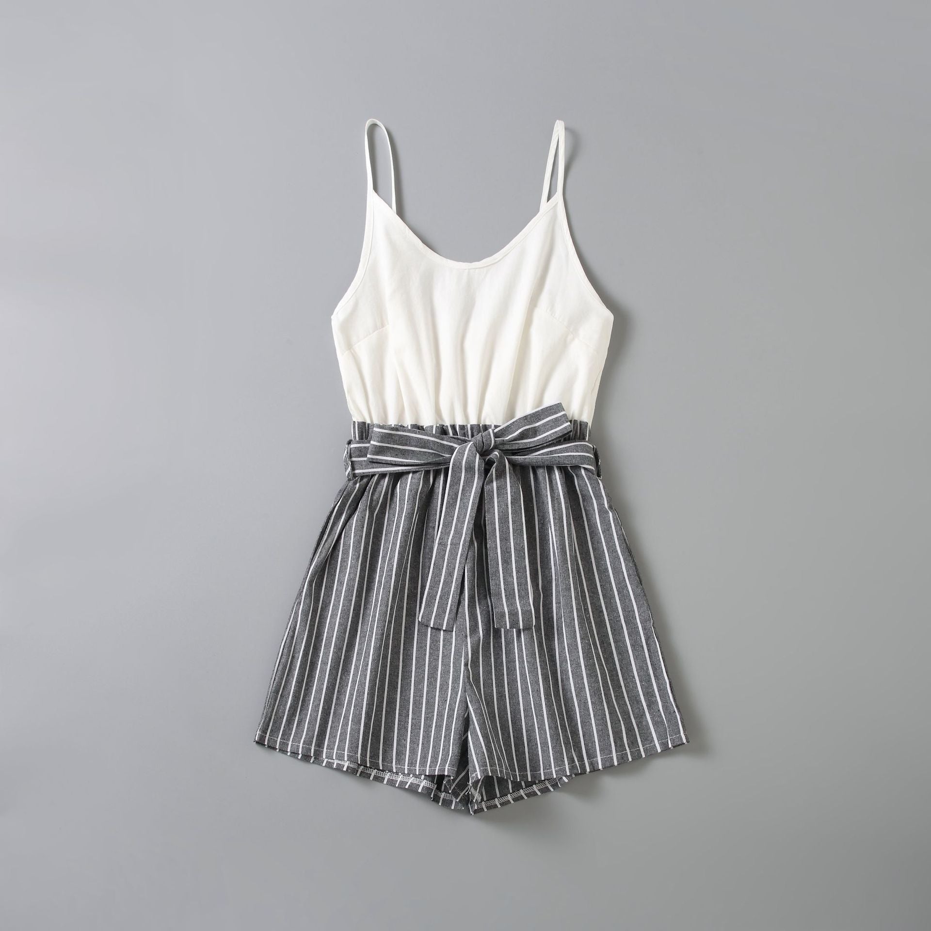 Stripe Print Sleeveless Matching White Sling Shorts Rompers