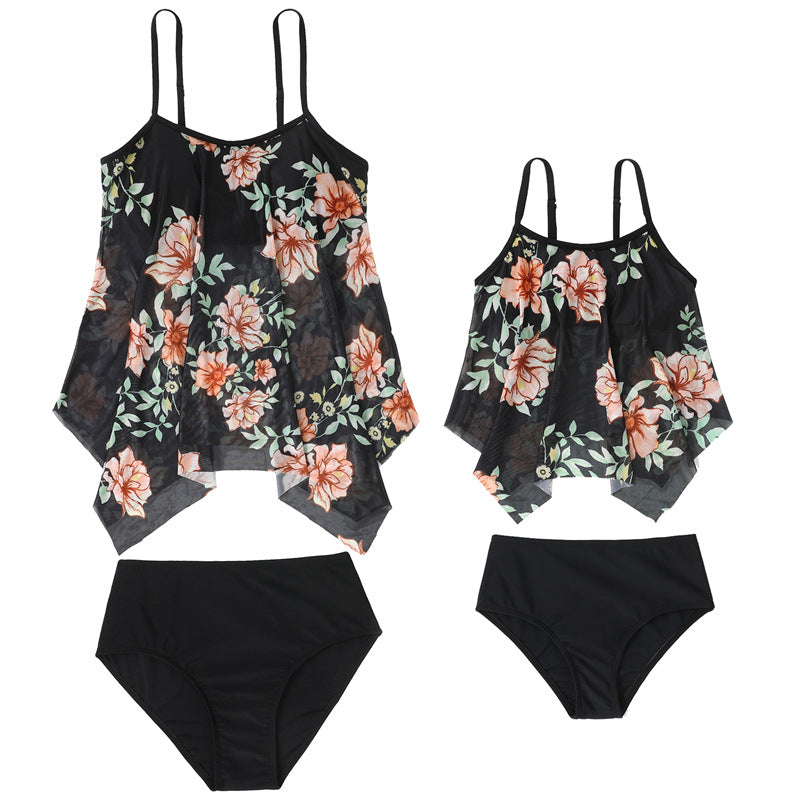 Mom and Daughter Floral Print Asymmetrical Hem Swimsuit