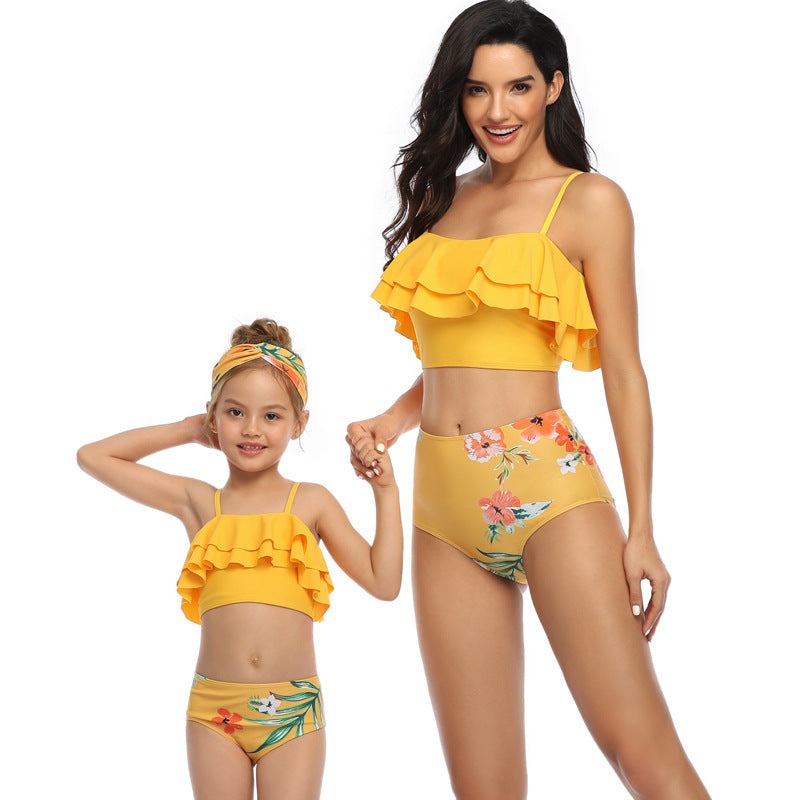 Mom and Daughter Floral Print Hem Bikini Swimsuit