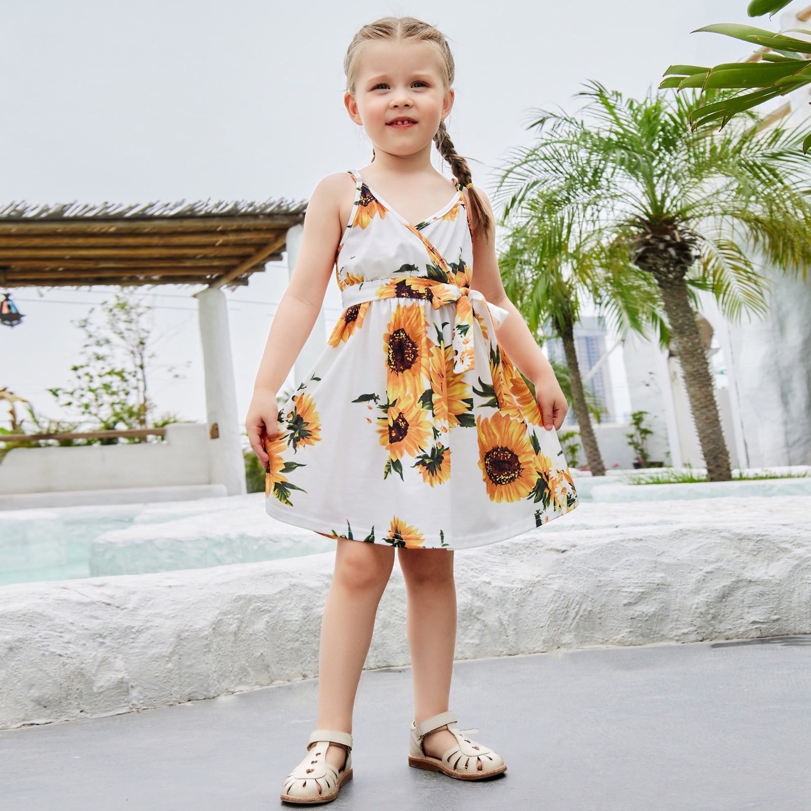 All Over Sunflower Print Sleeveless Spaghetti Strap Dress for Mom and Me