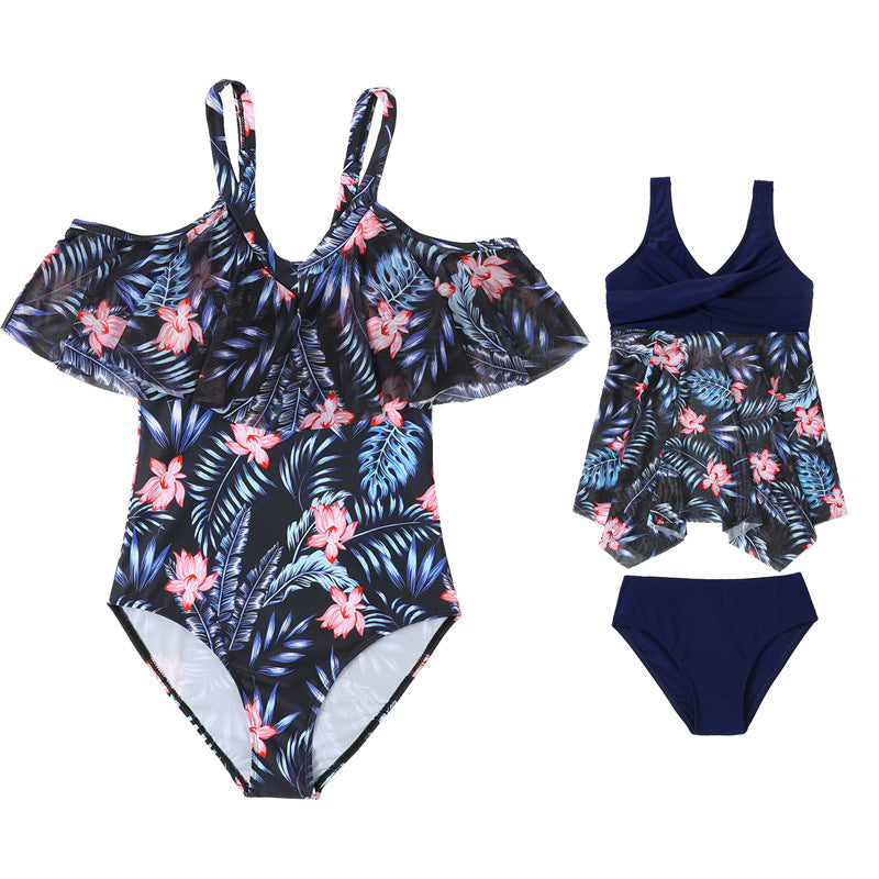 Mom and Daughter Plant Print Ruffle Trim Off The Shoulder One Piece Swimsuit