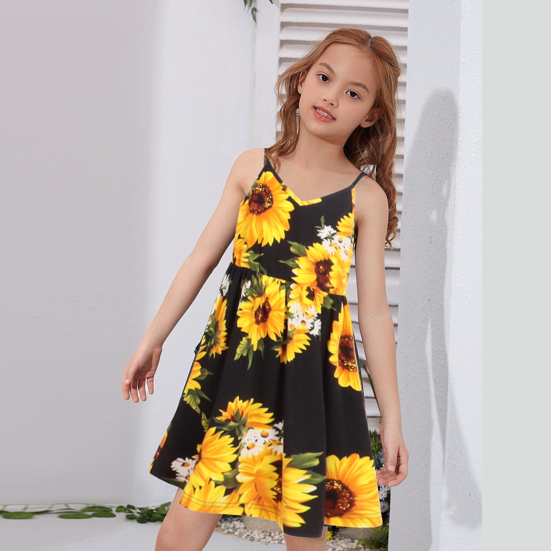 All Over Sunflowers Floral Print Black Spaghetti Strap Dress for Mom and Me