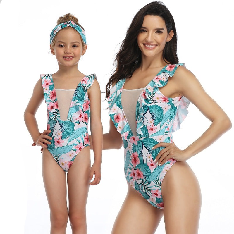 Mom and Daughter Floral Print One Piece Swimsuit