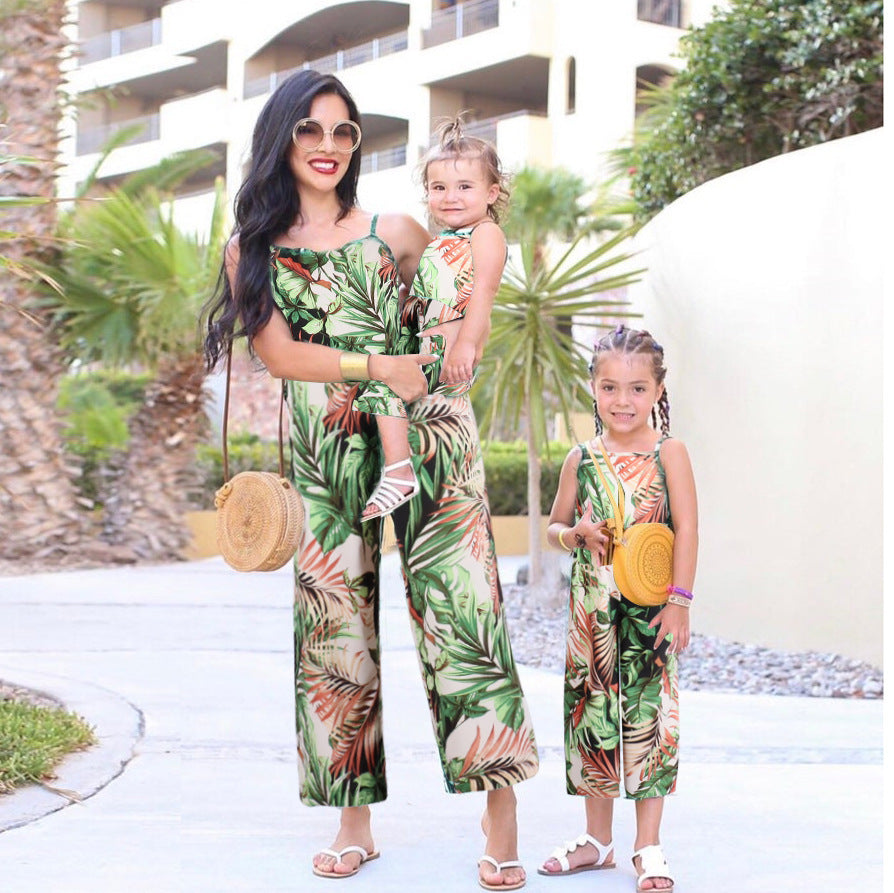 Plant Print Sleeveless Mom and aughter Matching Jumpsuits