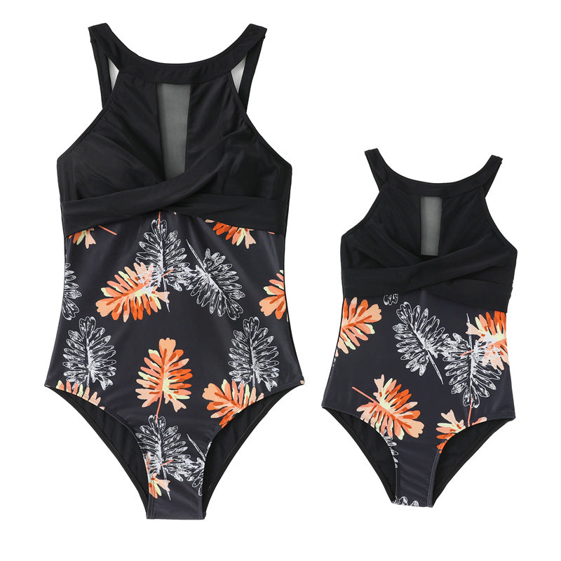 Mom and Daughter Tropical Print One Piece Swimsuit
