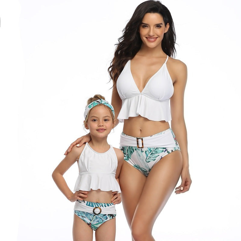 Mom and Daughter Plant Print Ruffle Hem Bikini Swimsuit