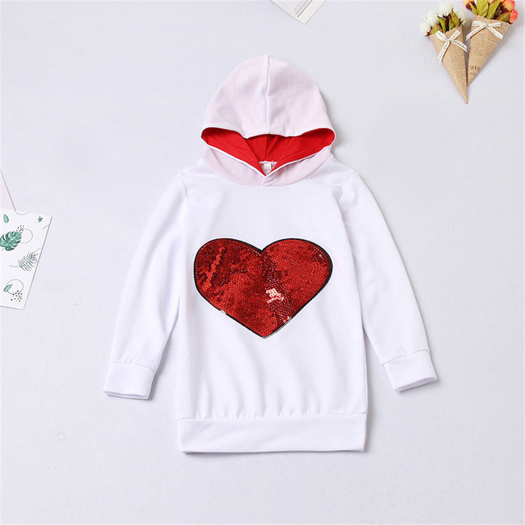 Sequins Love Heart Print Long-sleeve Hoodie Dress for Mom and Me