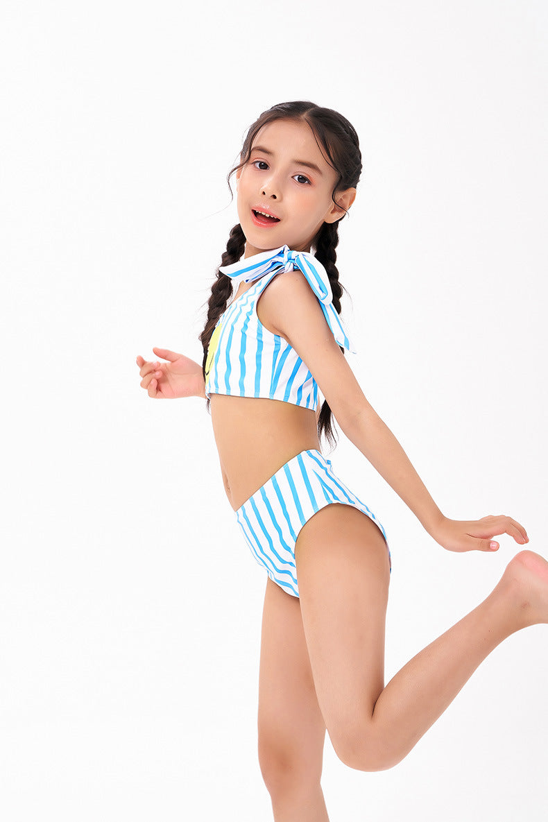 Smiley Face Striped One Shoulder Matching Swimsuits For Mom and Daughter