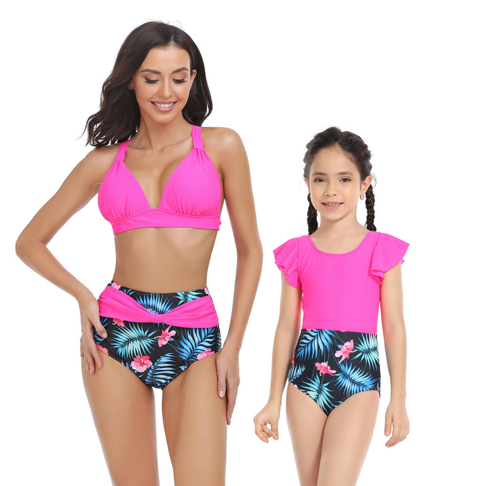 Mom and Daughter Tropical Print Ruffle High Waisted Matching Swimsuit