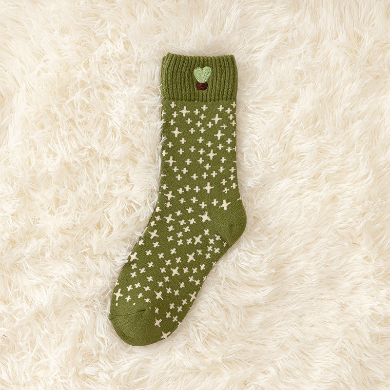 Christmas Green Plush Cotton Thick Embroidery Terry Sports Socks