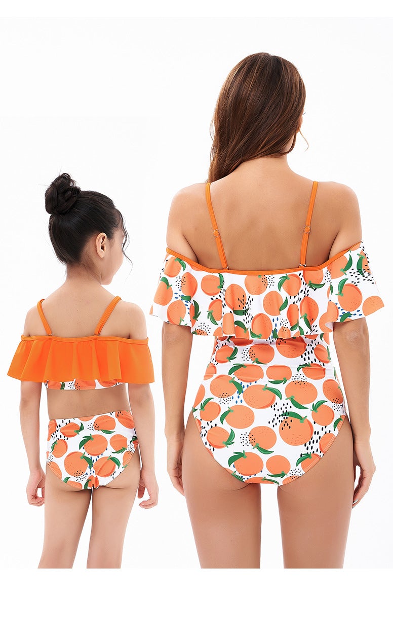 Mom and Daughter Matching Swimsuits Orange Pattern Print Ruffle