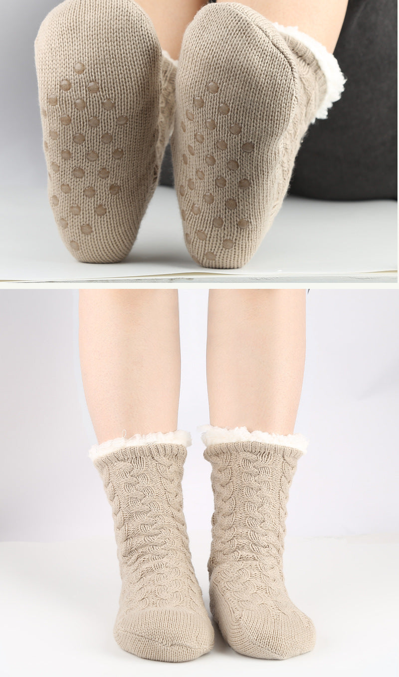 Warm Mid-Calf Socks Thickened Plus Fleece Dotted Non-Slip Carpet Socks