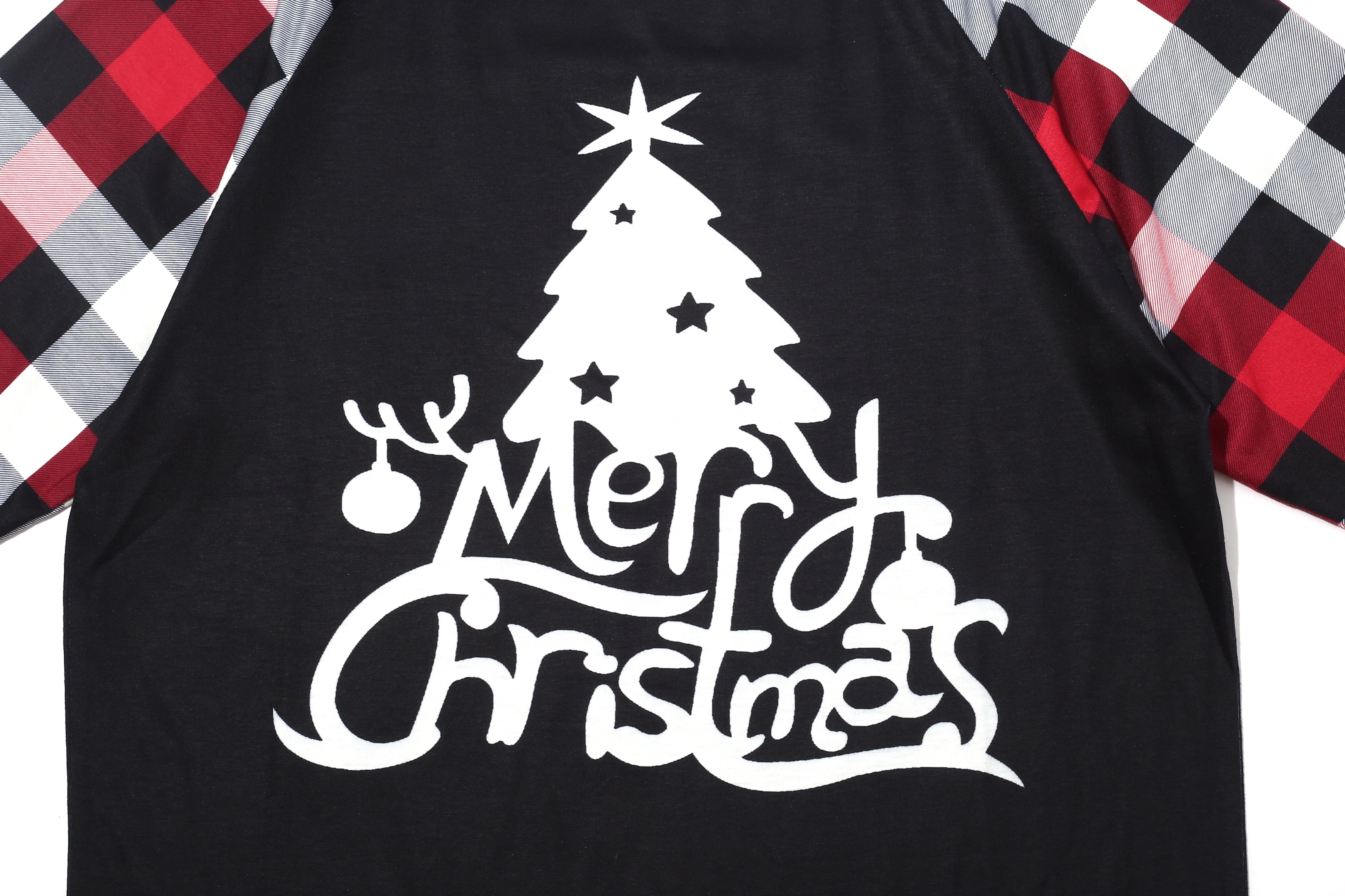 Christmas Tree Print Black Plaid Pajamas Set