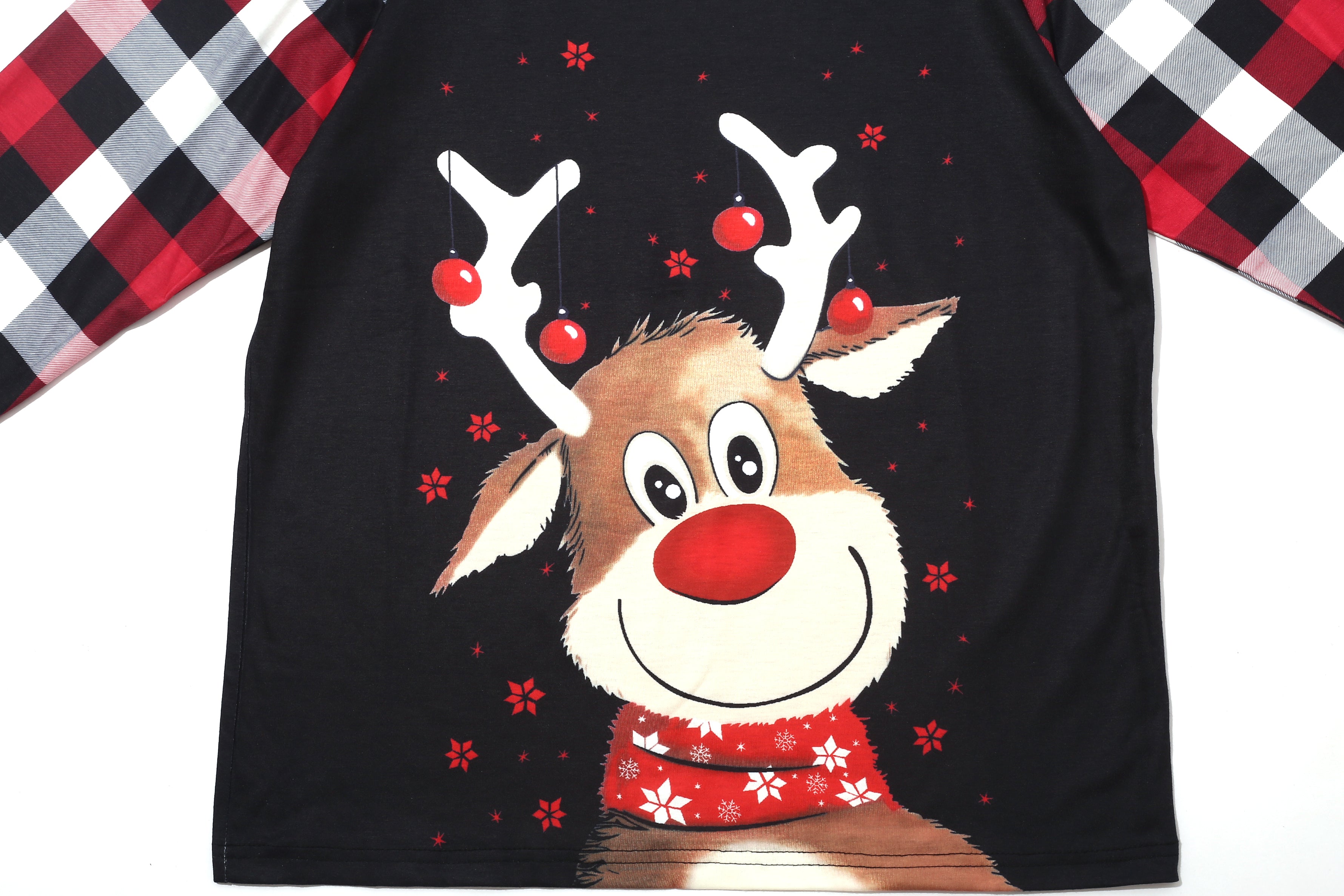 Christmas Deer Print Black Plaid Pajamas Set