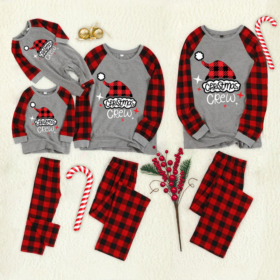 Christmas ‘ Family Christmas 2023’ Letter Print Grey Contrast top and Plaid Pants Family Matching Pajamas Set With Dog Bandana