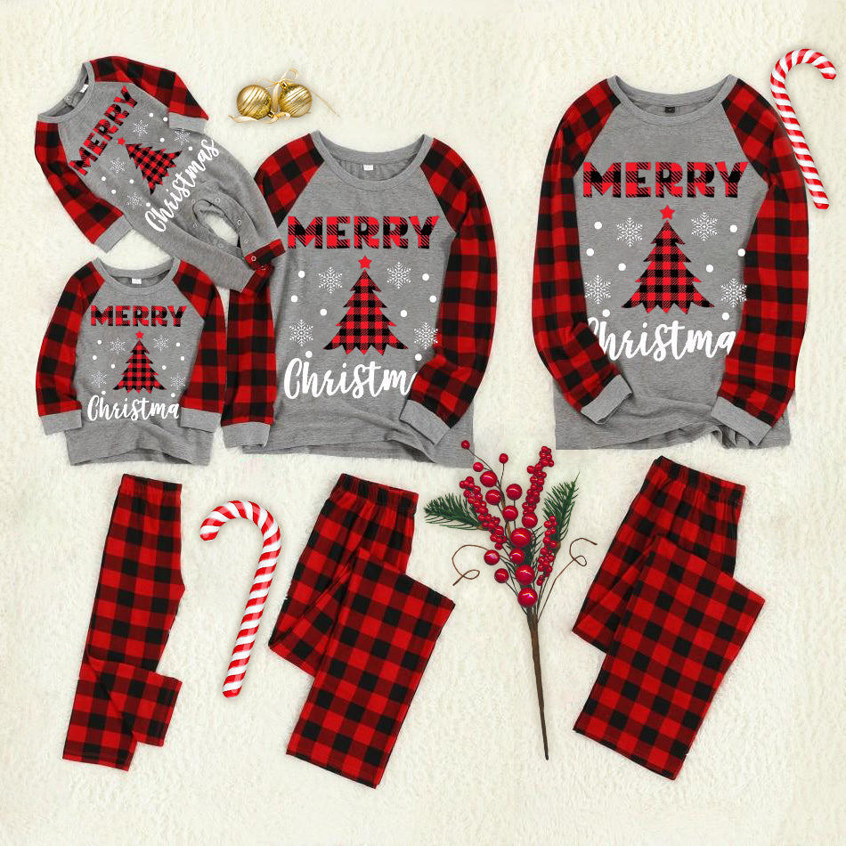 Christmas Tree and ‘Merry Christmas“ Letter Print Grey Contrast top and Plaid Pants Family Matching Pajamas Set With Dog Bandana
