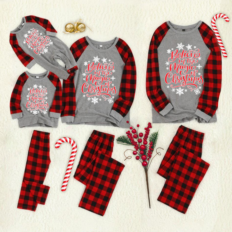 'Believe In The Magic Of  Christmas' Letter Print Snowflake Patterned Grey Contrast top and Black & Red Plaid Pants Family Matching Pajamas Set With Dog Bandana