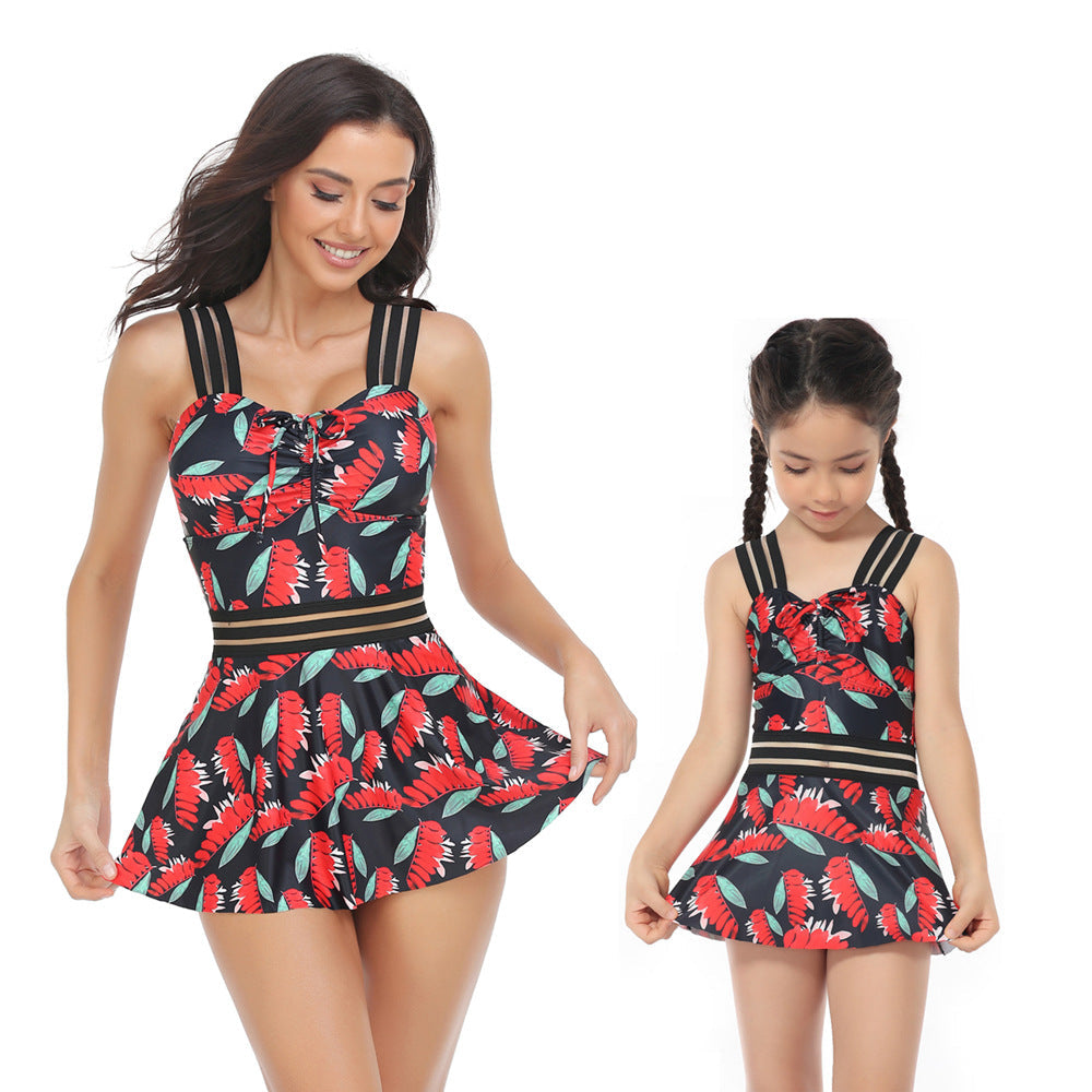 Mom and Daughter Allover Plant Print Tape Contrast Mesh One Piece Swimdress