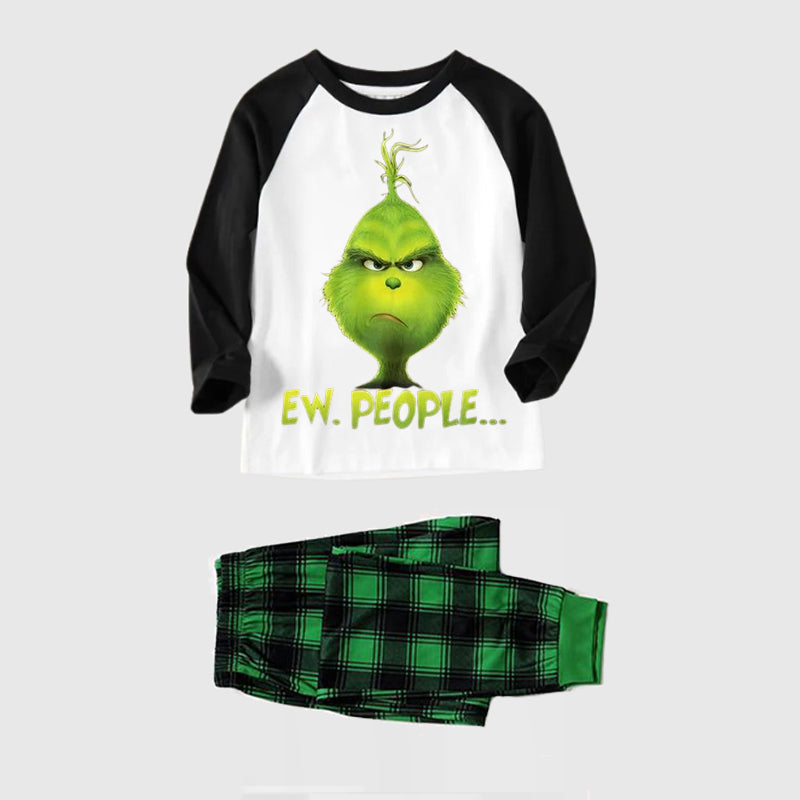 Christmas Cute Cartoon And 'Ew.People...' Letter Print Splice Contrast Top and Black and Gren Plaid Pants Family Matching Pajamas Sets