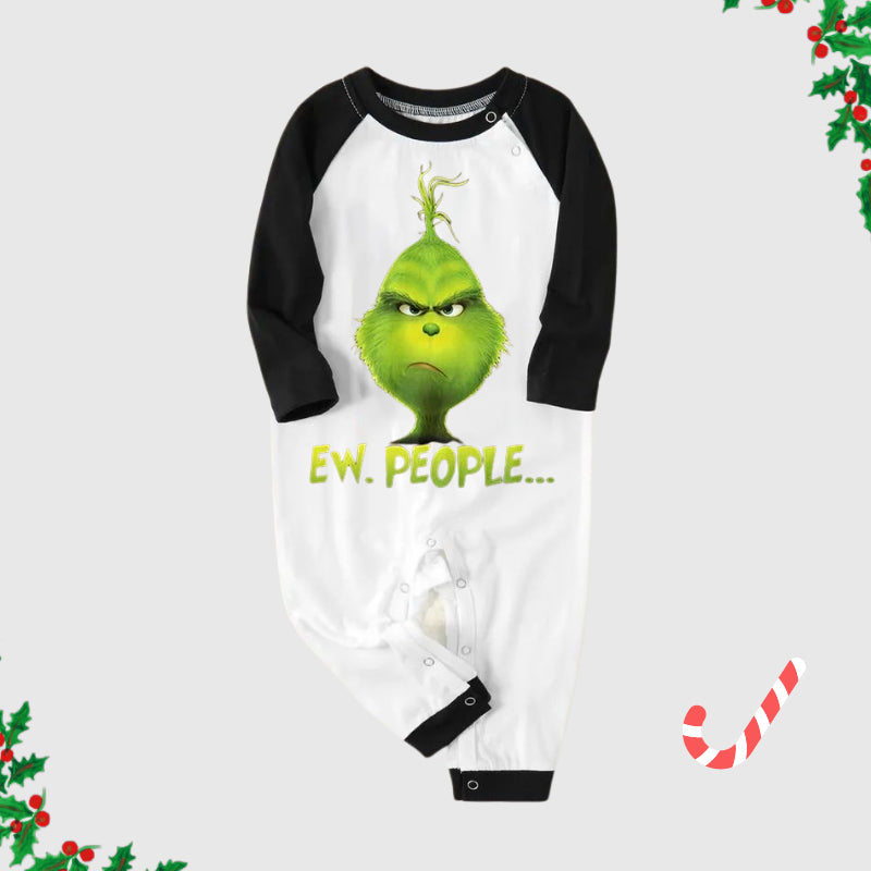 Christmas Cute Cartoon And 'Ew.People...' Letter Print Splice Contrast Top and Black and Gren Plaid Pants Family Matching Pajamas Sets