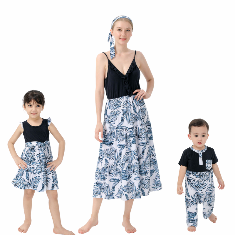 Mom and Me Matching Vacation Outfits Floral Print Stitching Navy Blue Sets