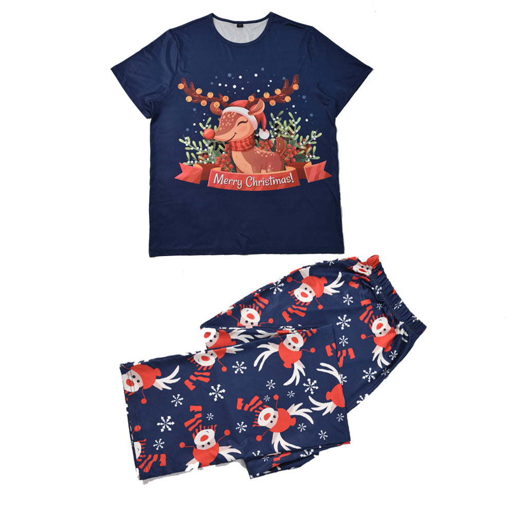 2023 Christmas Matching Family Pajamas Christmas Deer Short Sleeve Christmas Blue Pajamas Set
