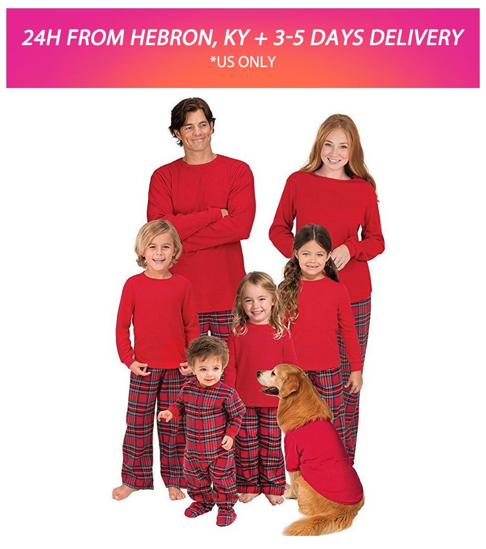 Red Cotton Plaid Family And Dog Matching Christmas Pajamas