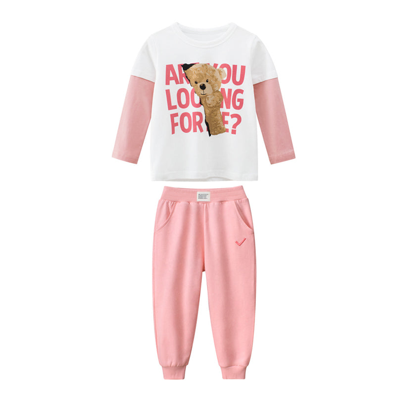 Toddler Girls Letter & Bear Print 100% Cotton Long Sleeve Tee and Sweatpants
