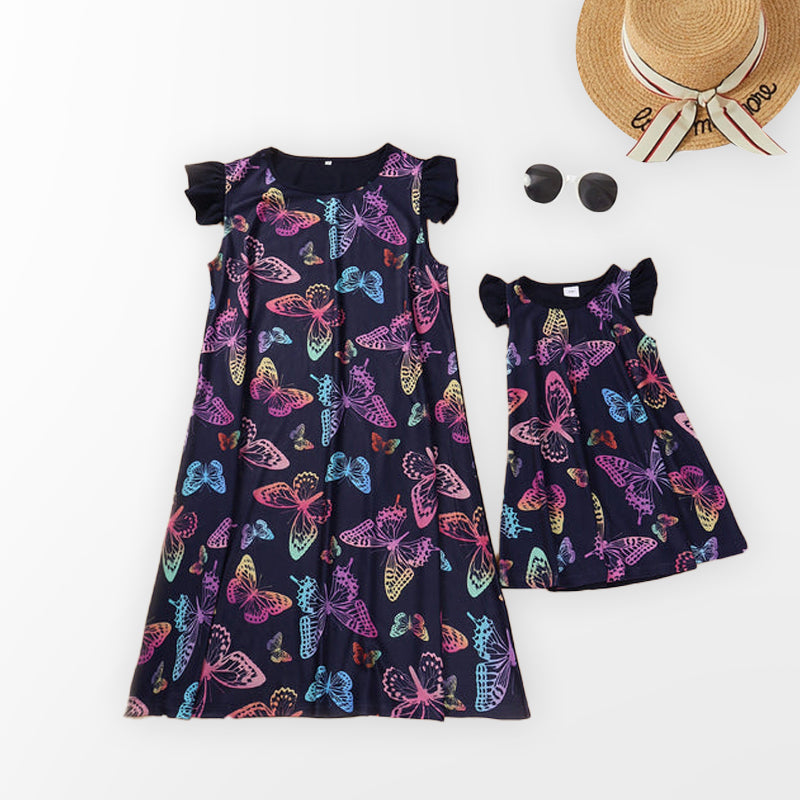 Mommy and Me Matching Dress Butterfly Print Short Dress