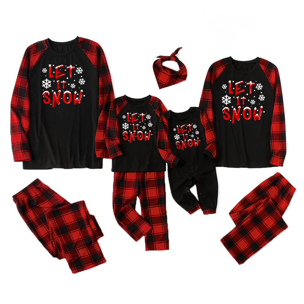 Let It Snow Snowflake Grey Top With Black&Red Plaid Pants Matching Pajamas with Dog