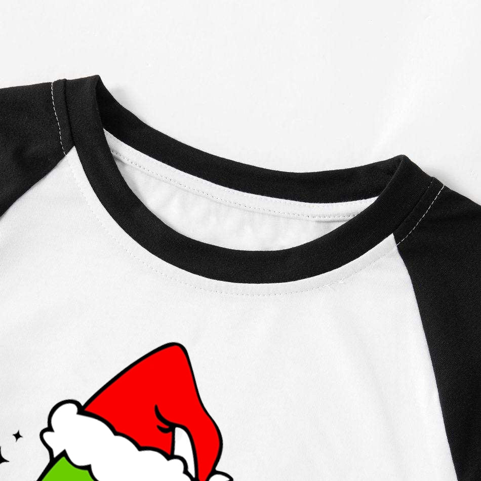 Christmas Cute Cartoon Print Print Splice Contrast Top and Black and Gren Plaid Pants Family Matching Pajamas Sets